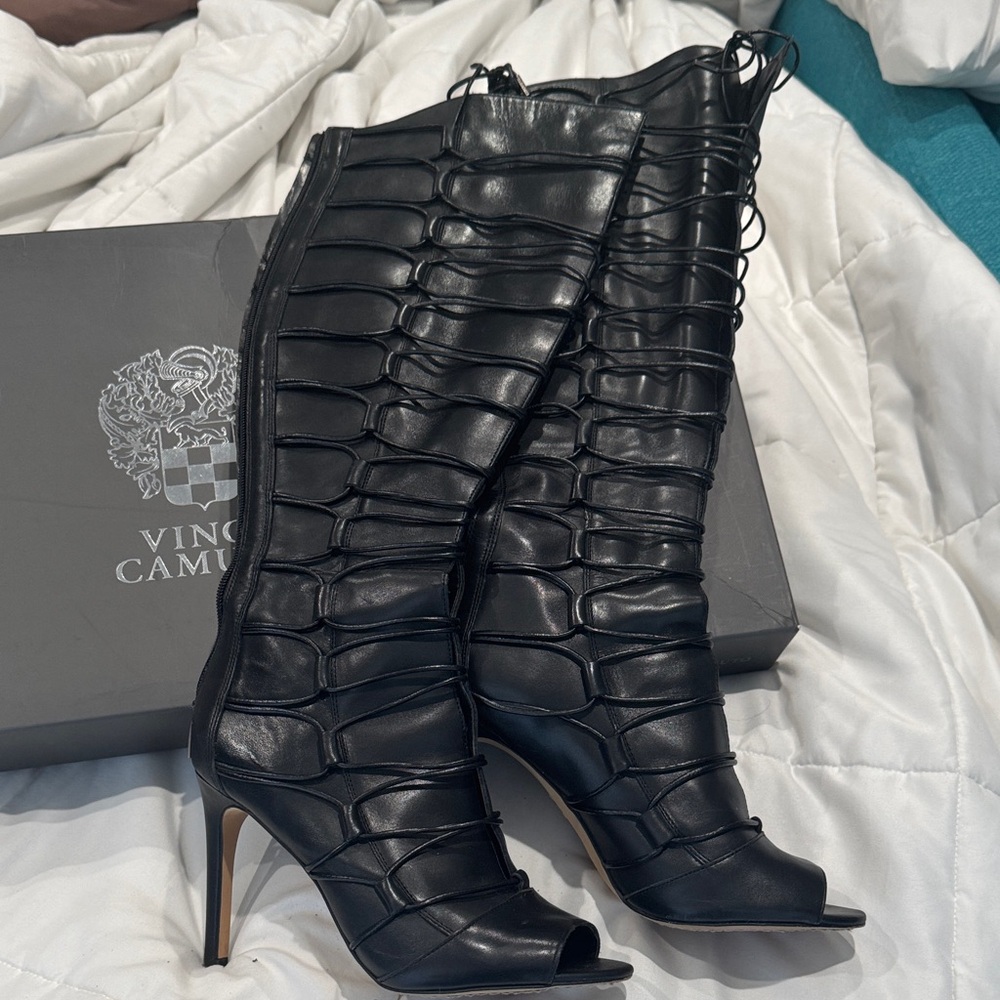 Vince Camuto Black Peep-Toe Lace Up Heeled Boots
